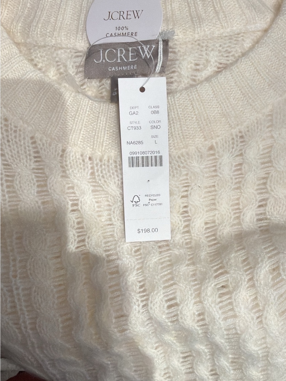 J Crew Cashmere cable-knit blouson-sleeve relaxed fit sweater Snow size L NWT - Picture 11 of 15